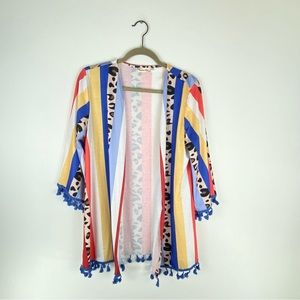 Southern Stitch Womens S/M Open Cardigan Stripe Leopard Tassel Trim Red Blue Top